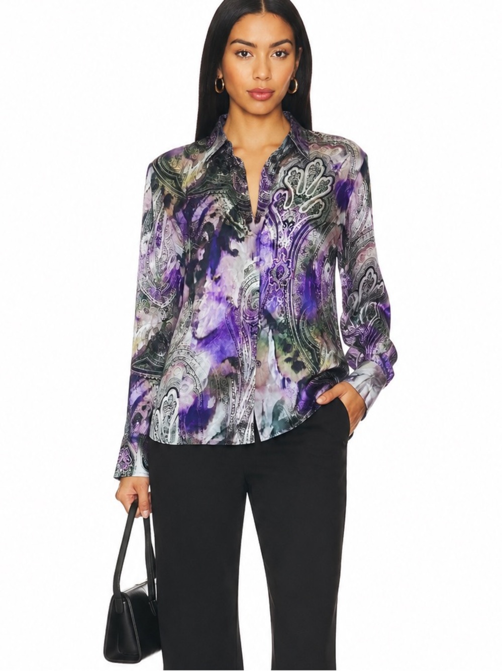 Basler Silk Paisley Print Button Front Blouse Large xl top shirt